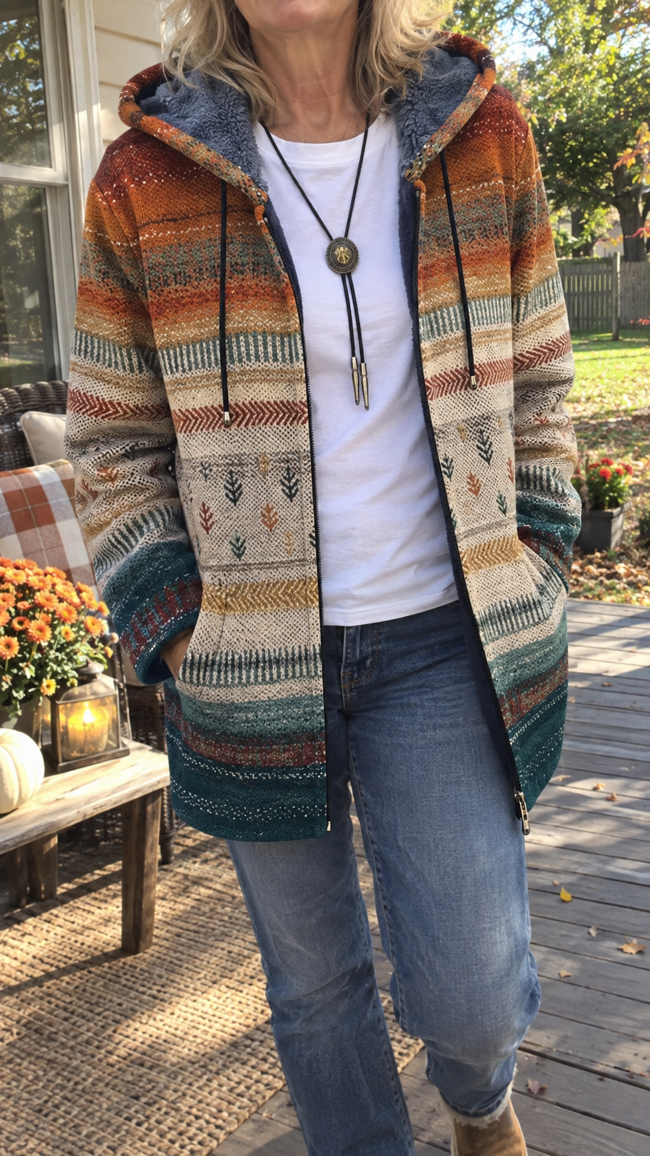 Multicolour Hooded Southwestern Stripe Fleece Lined Zip Coat 2