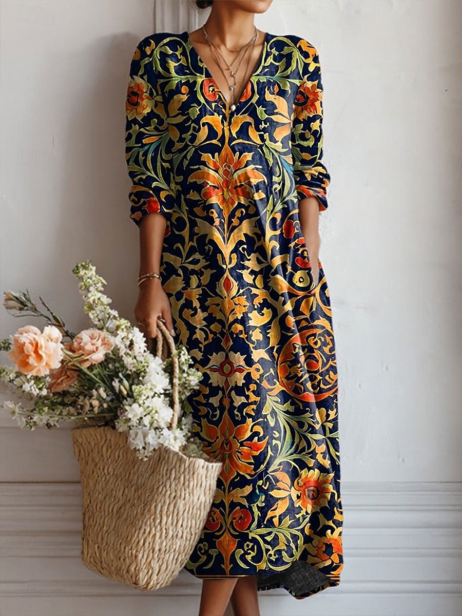 Multicolor V-Neck Baroque Floral Print Long Sleeve Shift Maxi Dress