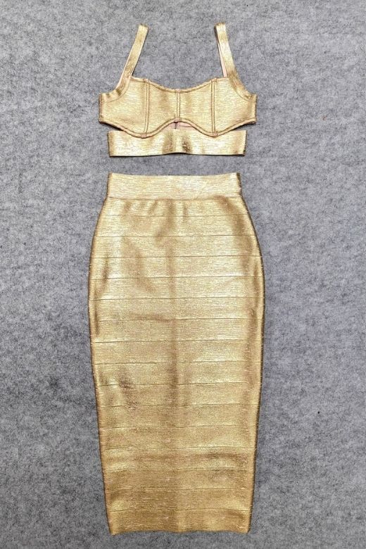 Selene Bandage Crop Top and Midi Skirt Set - Gold