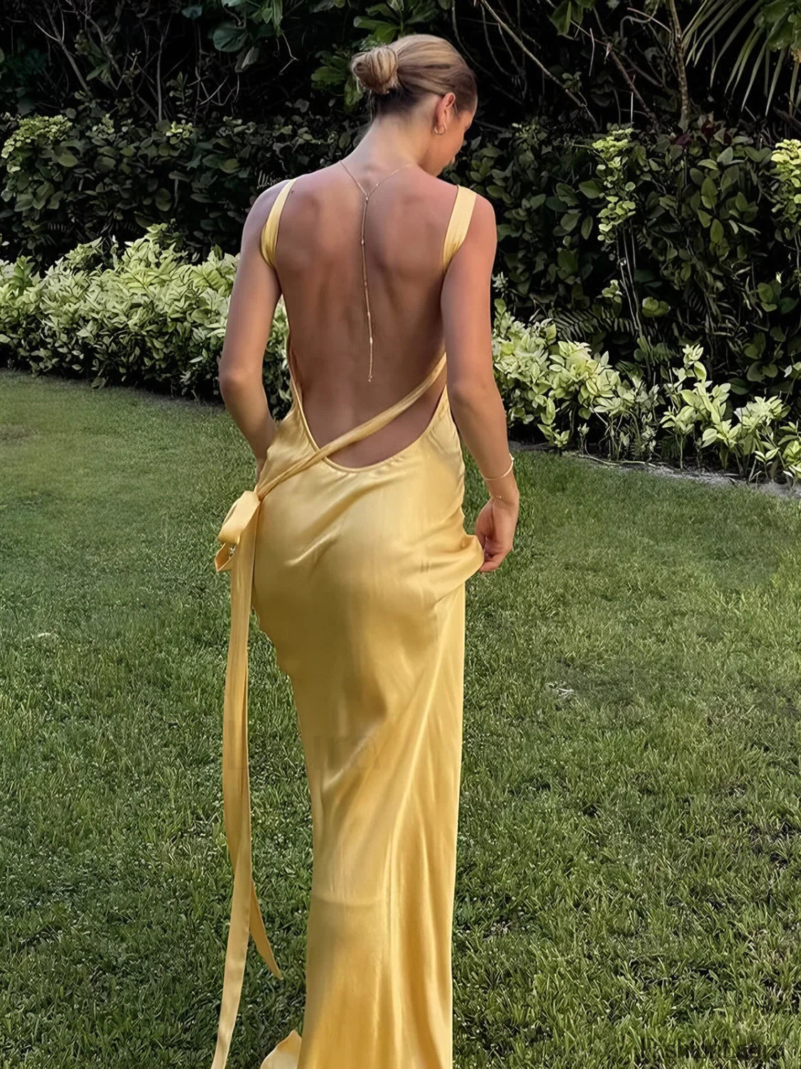 Semi-Sheer Satin Asymmetrical One Shoulder Long Dress