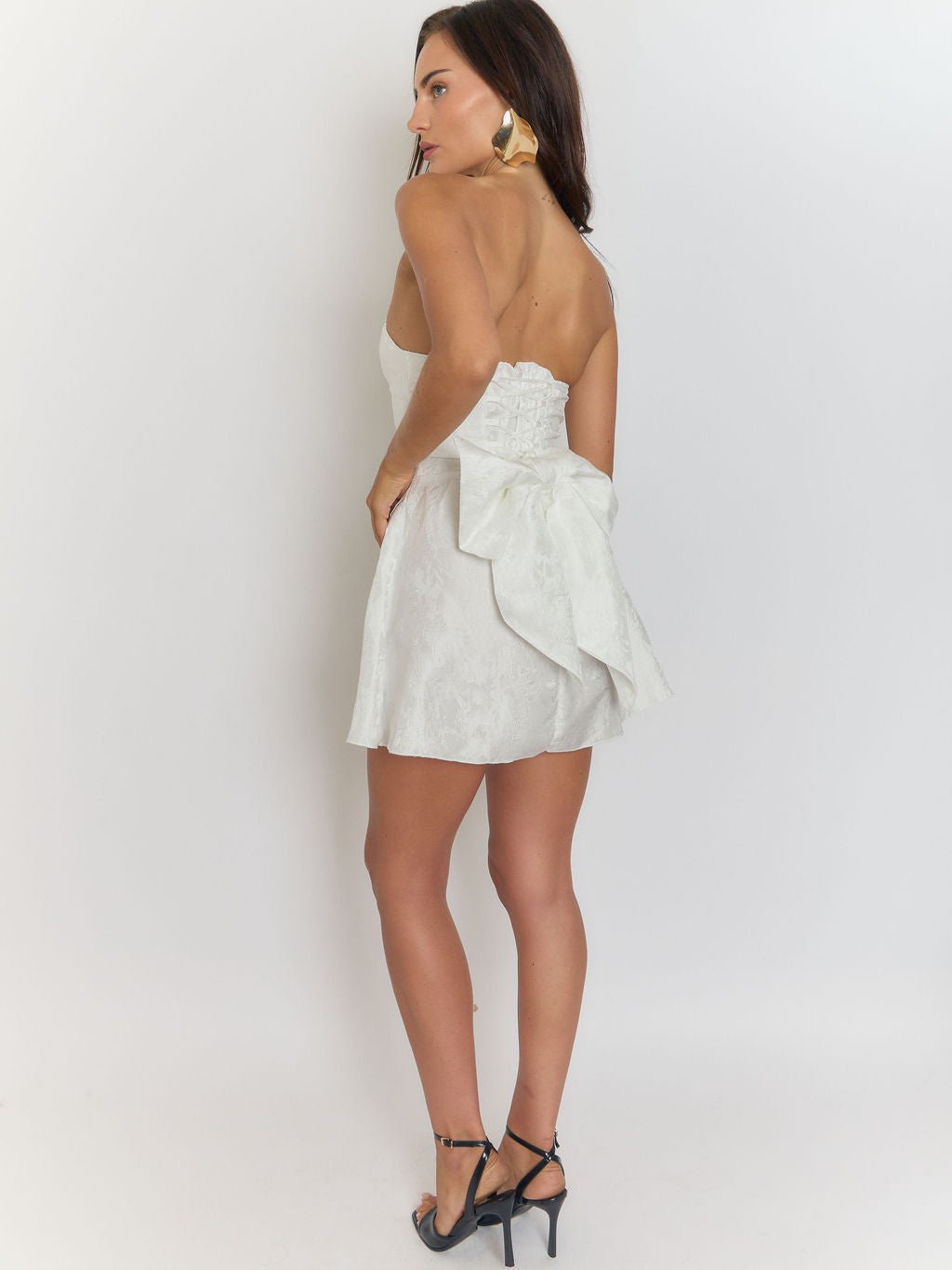 White Strapless Jacquard Brocade Bow Detail A-Line Mini Dress 5