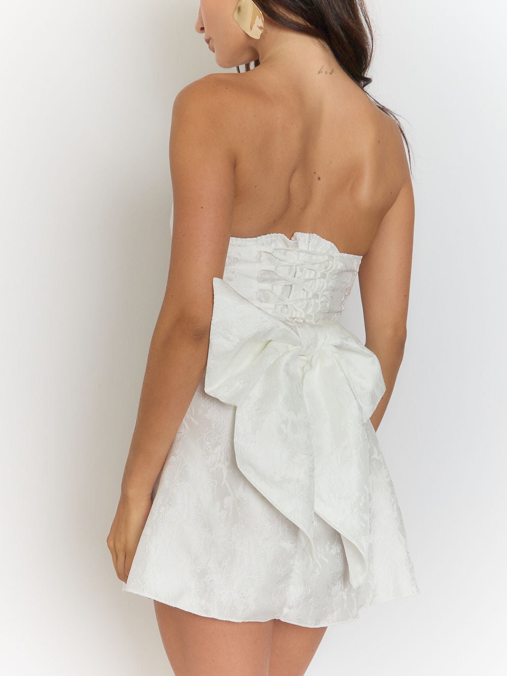 White Strapless Jacquard Brocade Bow Detail A-Line Mini Dress 2