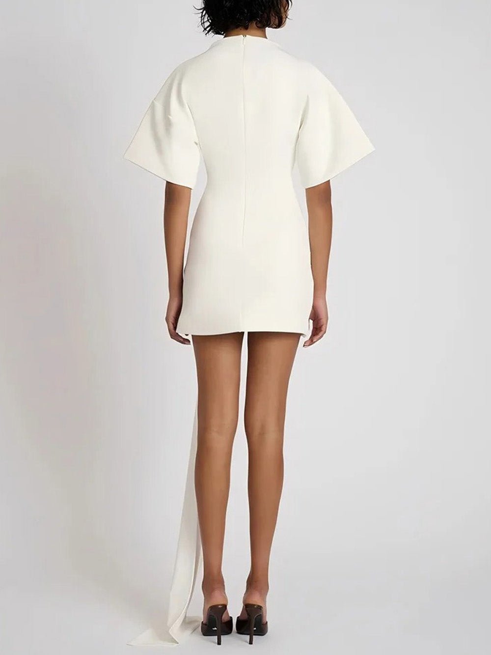 White Mock Neck Boxy Short Sleeve Ruched Metal Buckle Sash Mini Dress 2