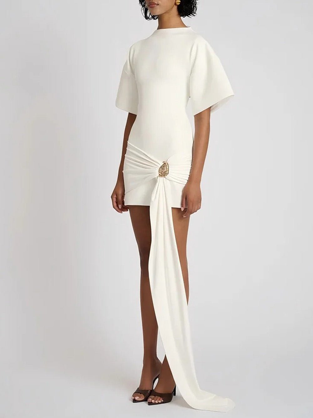 White Mock Neck Boxy Short Sleeve Ruched Metal Buckle Sash Mini Dress 3