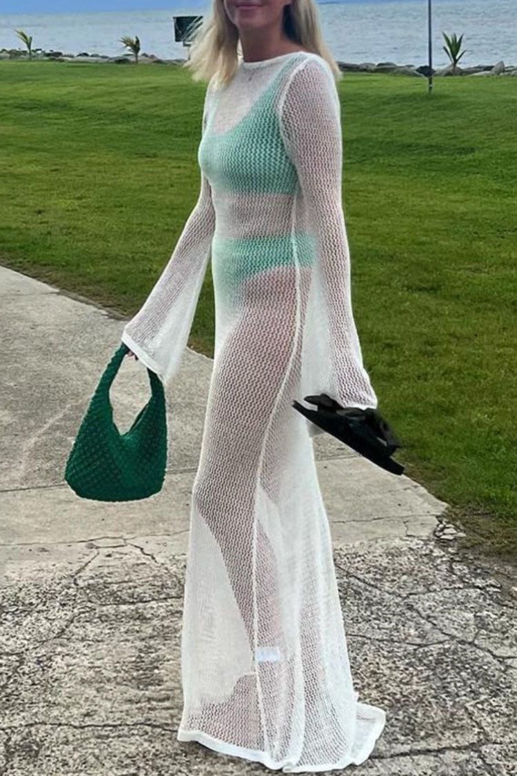 White Boat Neck Bell Sleeve Crochet Knit Sheer Mermaid Maxi Dress