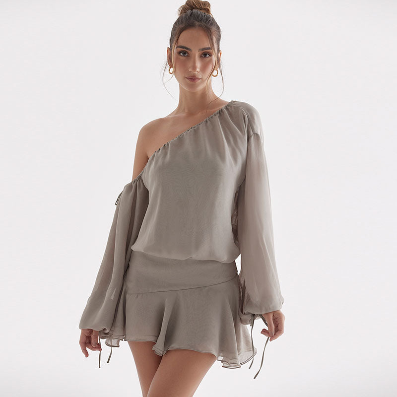 Gray One Shoulder Chiffon Bishop Sleeve Ruffle Hem Mini Dress
