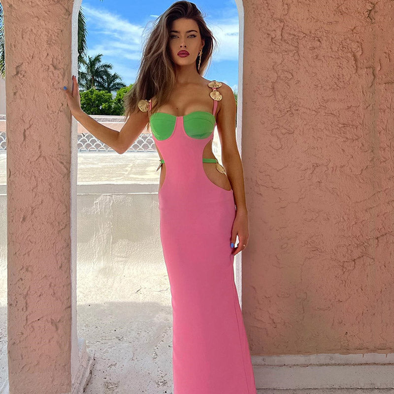 Pink Spaghetti Strap Shell Trim Underwire Cutout Bodycon Maxi Dress