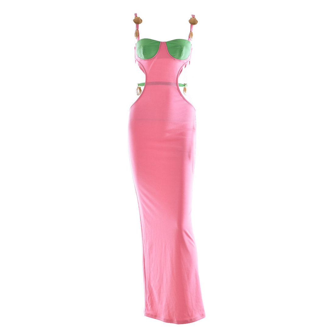 Pink Spaghetti Strap Shell Trim Underwire Cutout Bodycon Maxi Dress