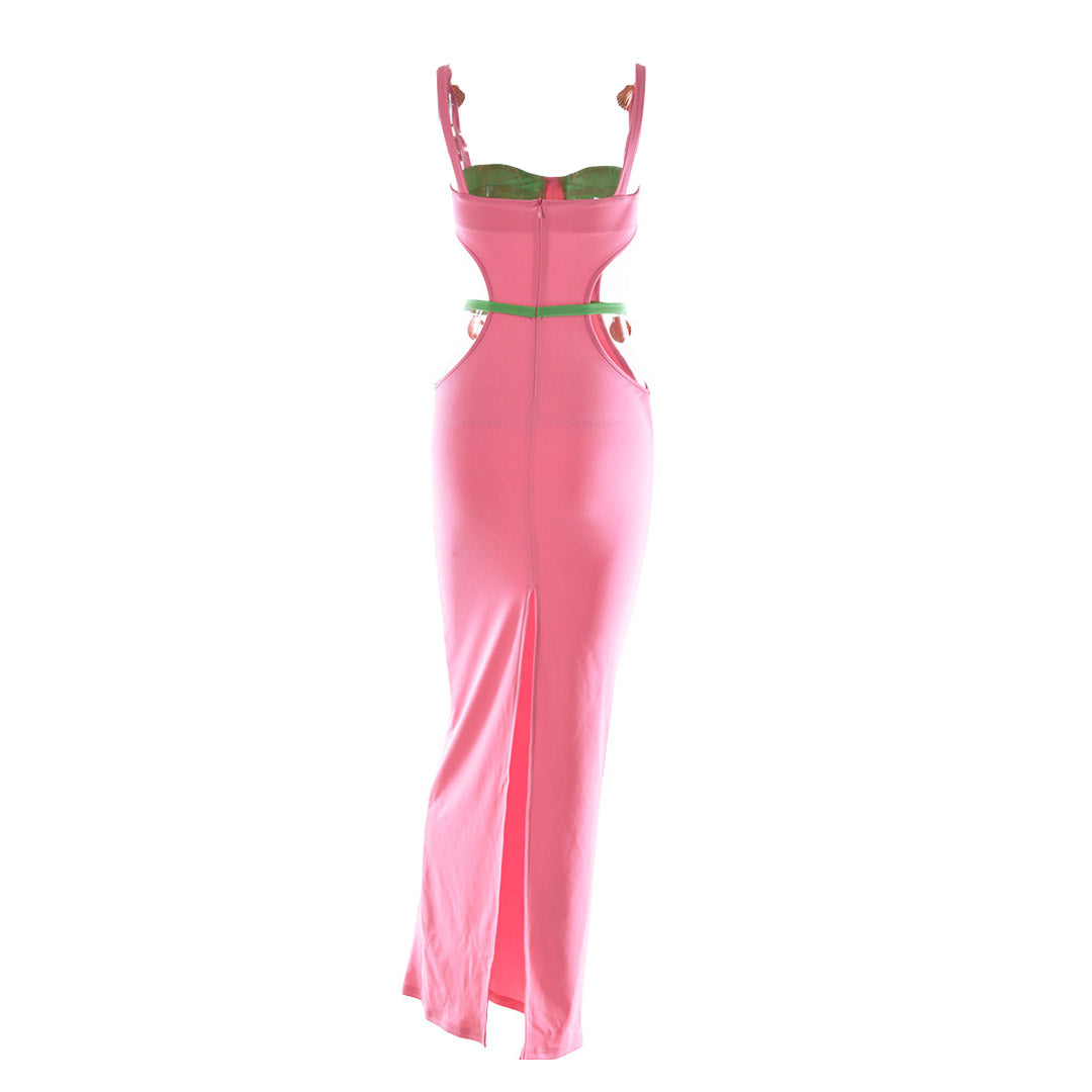 Pink Spaghetti Strap Shell Trim Underwire Cutout Bodycon Maxi Dress