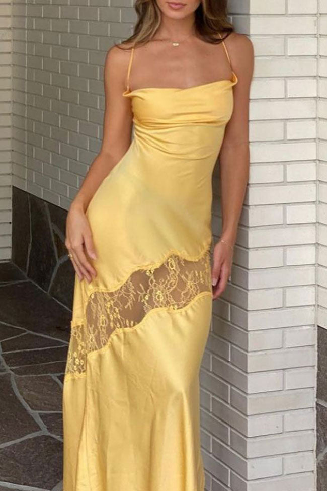Sexy Cowl Neck Lace Trim Tie Backless Beach Vacation Maxi Dress - Yellow