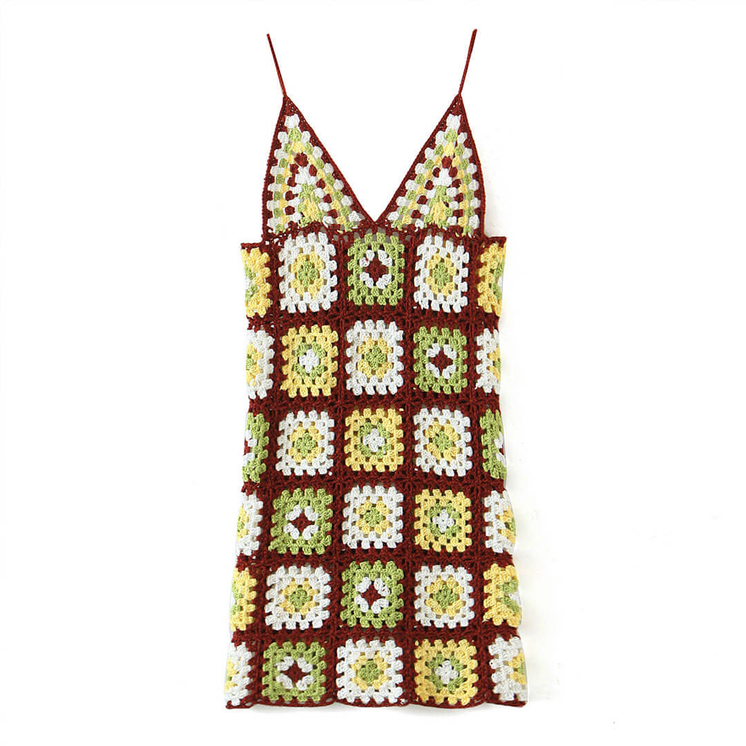 Burgundy Spaghetti Strap Crochet Granny Square V-Neck Slip Mini Dress