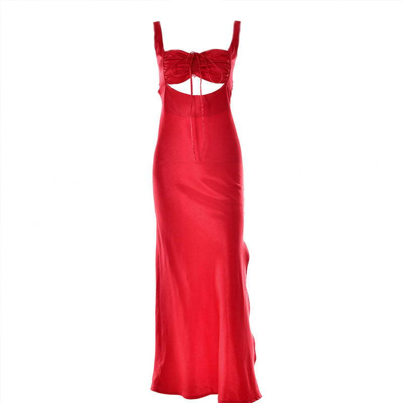 Red Ruched Bust Drawstring Cutout Satin High Slit Maxi Dress
