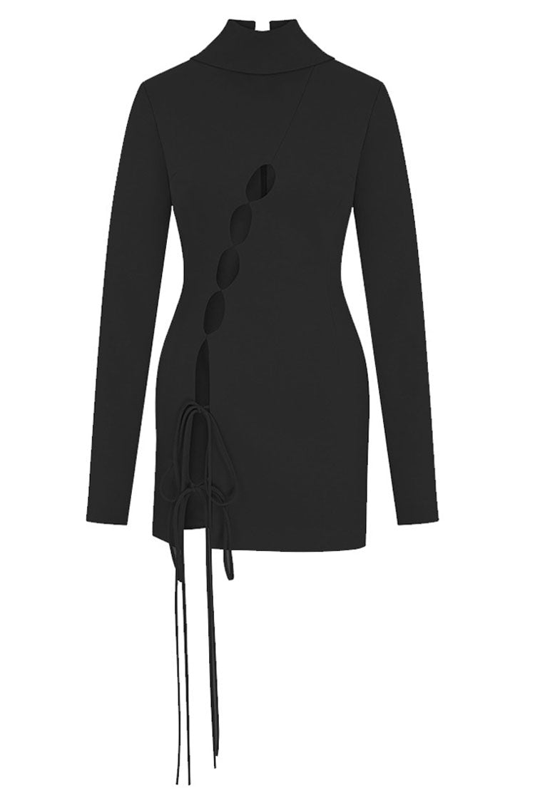 Black High Neck Long Sleeve Twist Cutout High Slit Bandage Mini Dress