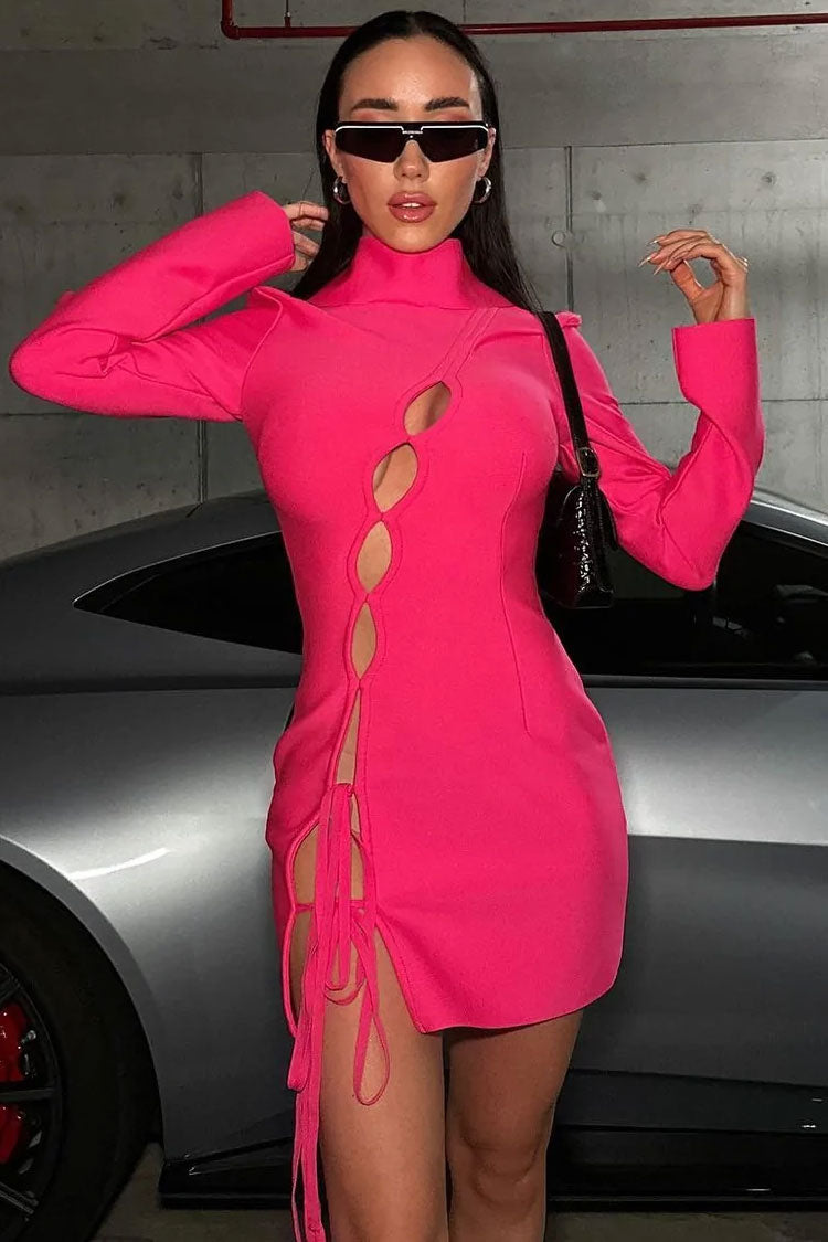 Hot Pink High Neck Long Sleeve Lace-Up Cutout Bodycon Mini Dress