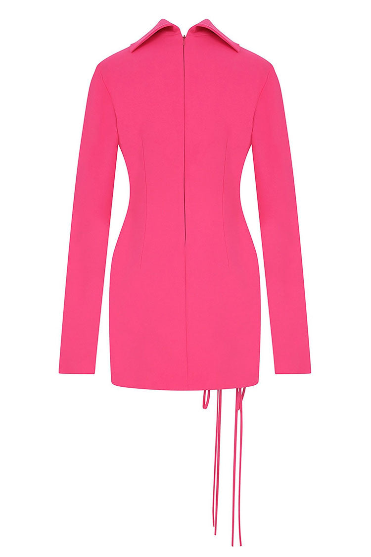 Hot Pink High Neck Long Sleeve Lace-Up Cutout Bodycon Mini Dress