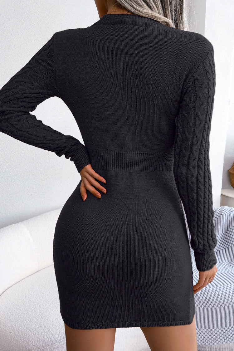 Black Round Neck Long Sleeve Cutout Cable Knit Bodycon Sweater Mini Dress