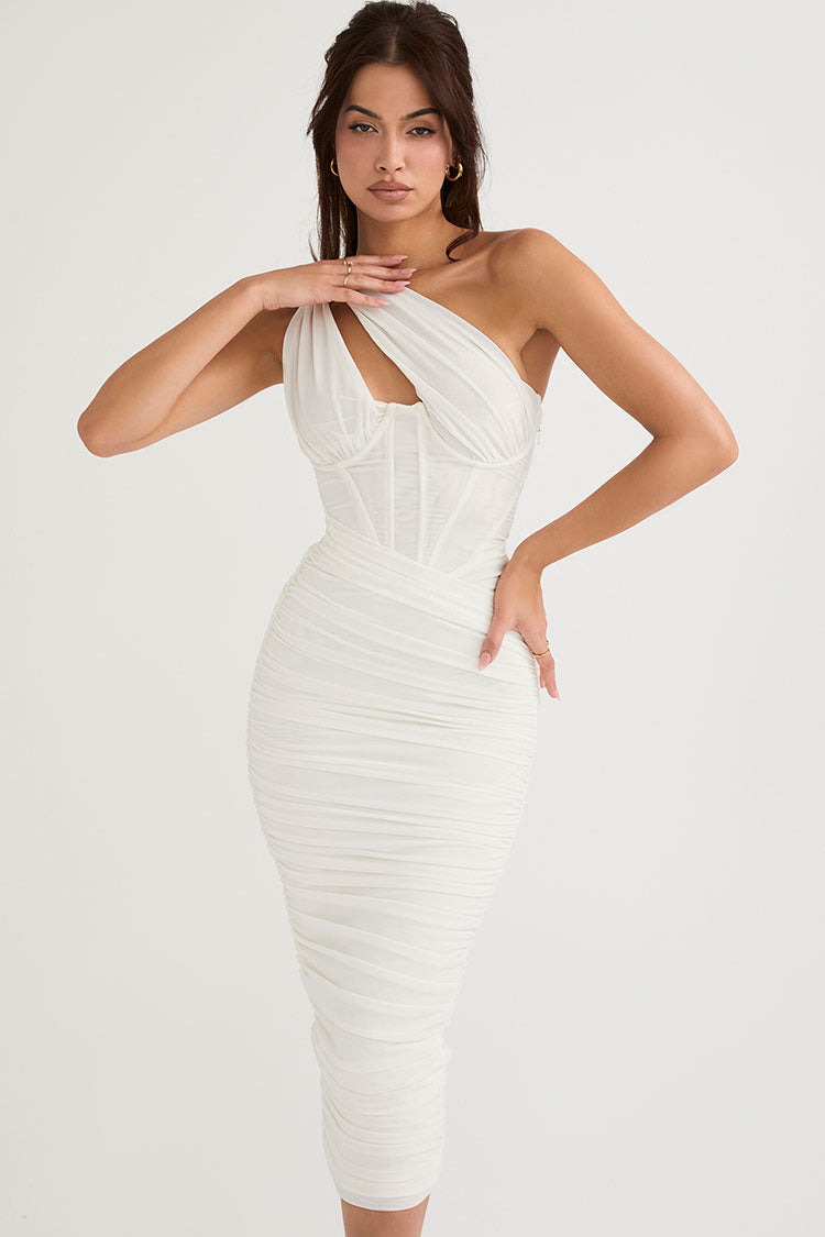 White One Shoulder Cutout Ruched Mesh Corset Bodycon Midi Dress
