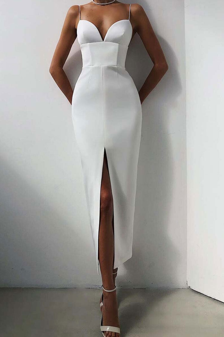 White Spaghetti Strap Sweetheart Neck High Slit Bodycon Midi Dress