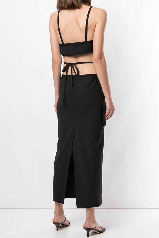 Black Spaghetti Strap Triangle Cutout Strappy Bodycon Maxi Dress