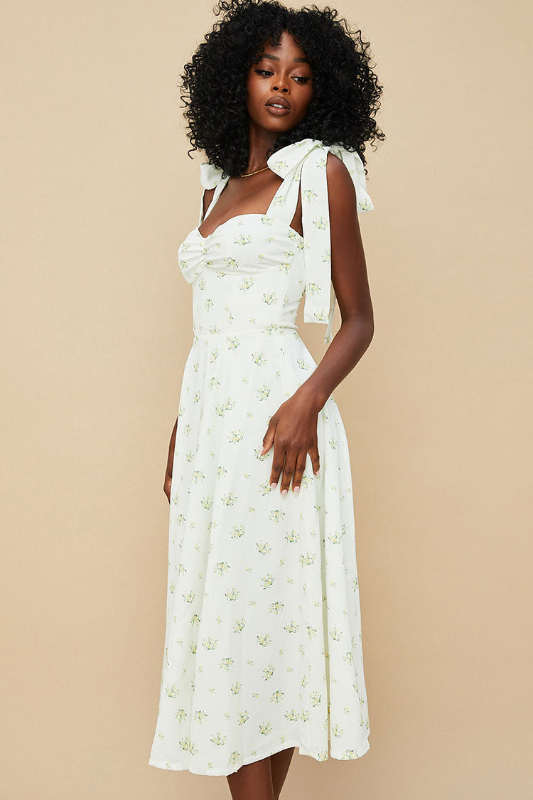 Yellow Sweetheart Tie Strap Ditsy Floral High Slit Fit Flare Midi Dress 2