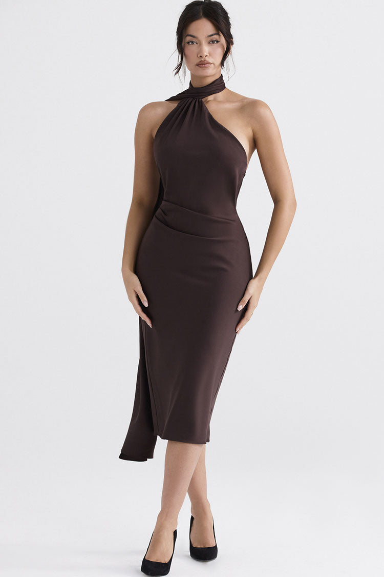 Chocolate Halter Neck Tie Draped Ruched Backless Satin Bodycon Midi Dress