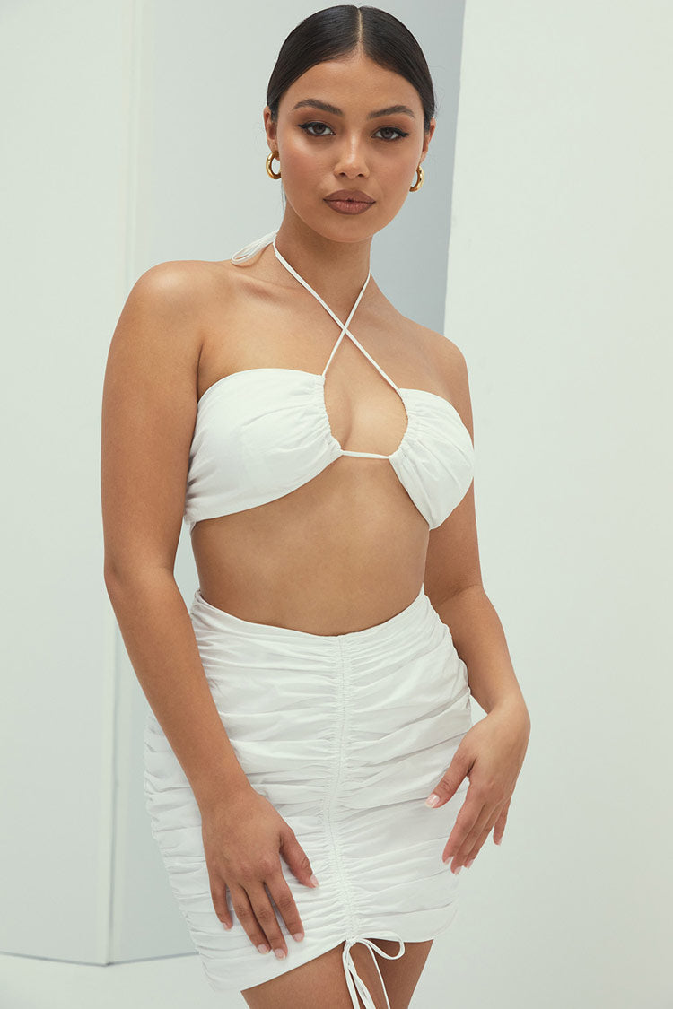White Halter Neck Cutout Crop Top Ruched Mini Skirt Set