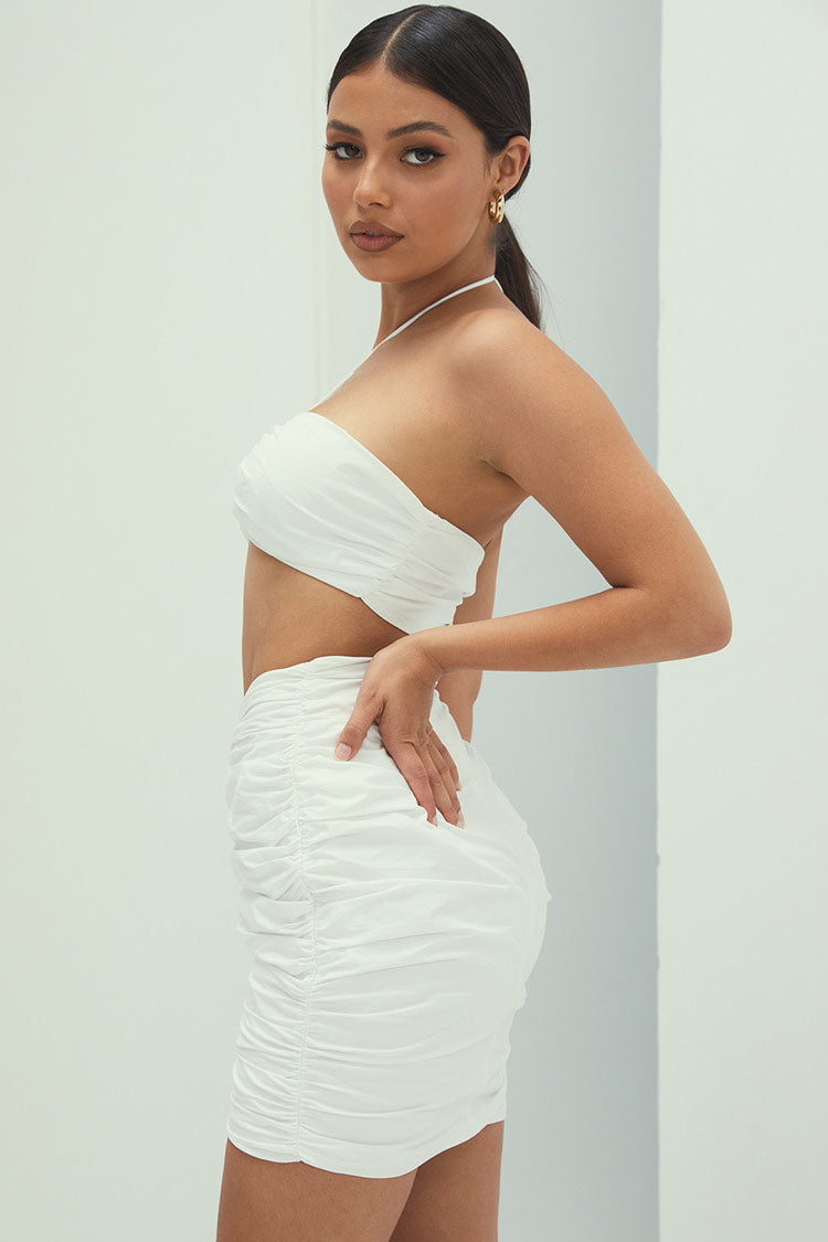 White Halter Neck Cutout Crop Top Ruched Mini Skirt Set