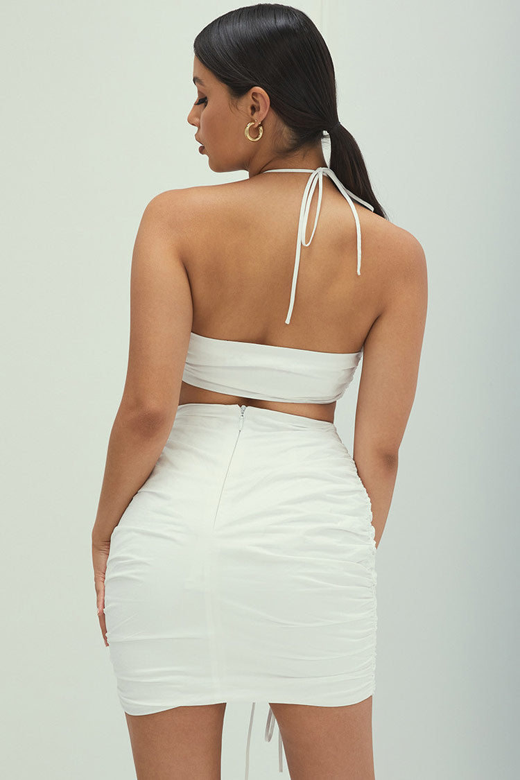 White Halter Neck Cutout Crop Top Ruched Mini Skirt Set