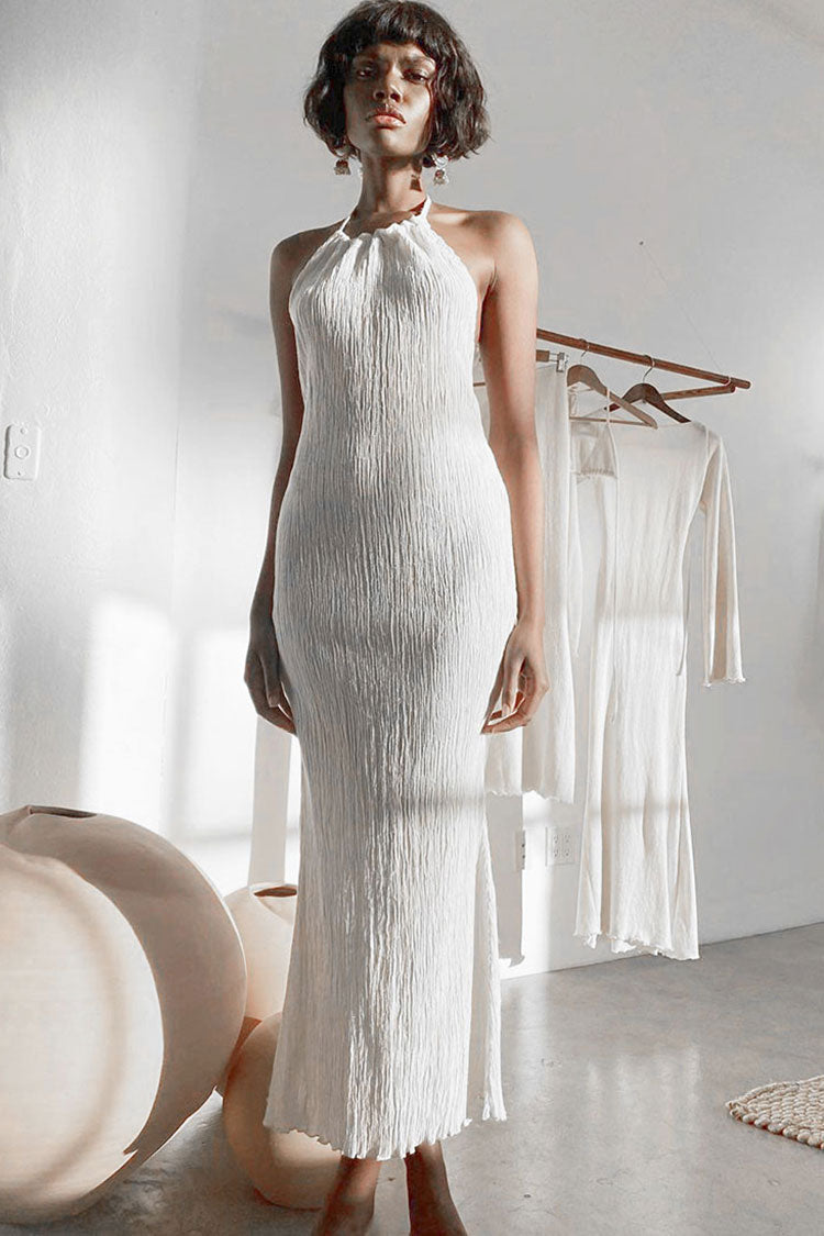 White Halter Neck Crinkle Open Back Bodycon Maxi Dress