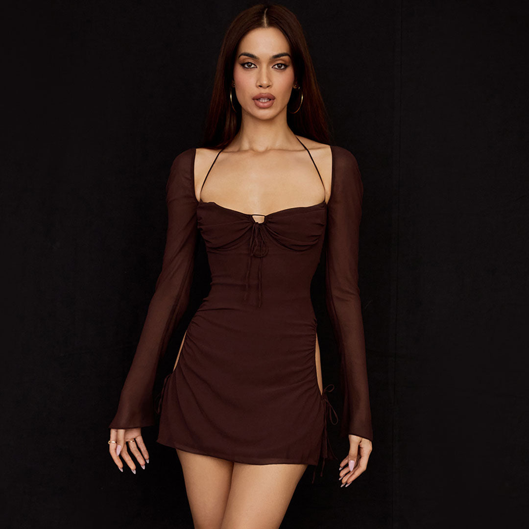 Chocolate Halter Tie Front Off Shoulder Long Sleeve Ruched Bodycon Mini Dress