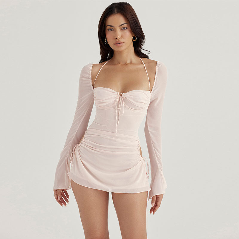 Light Pink Halter Tie Front Off Shoulder Long Sleeve Ruched Bodycon Mini Dress