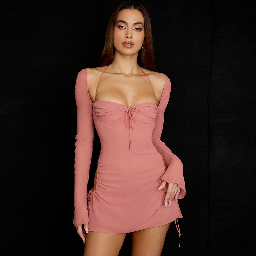 Pink Halter Tie Front Off Shoulder Long Sleeve Ruched Bodycon Mini Dress