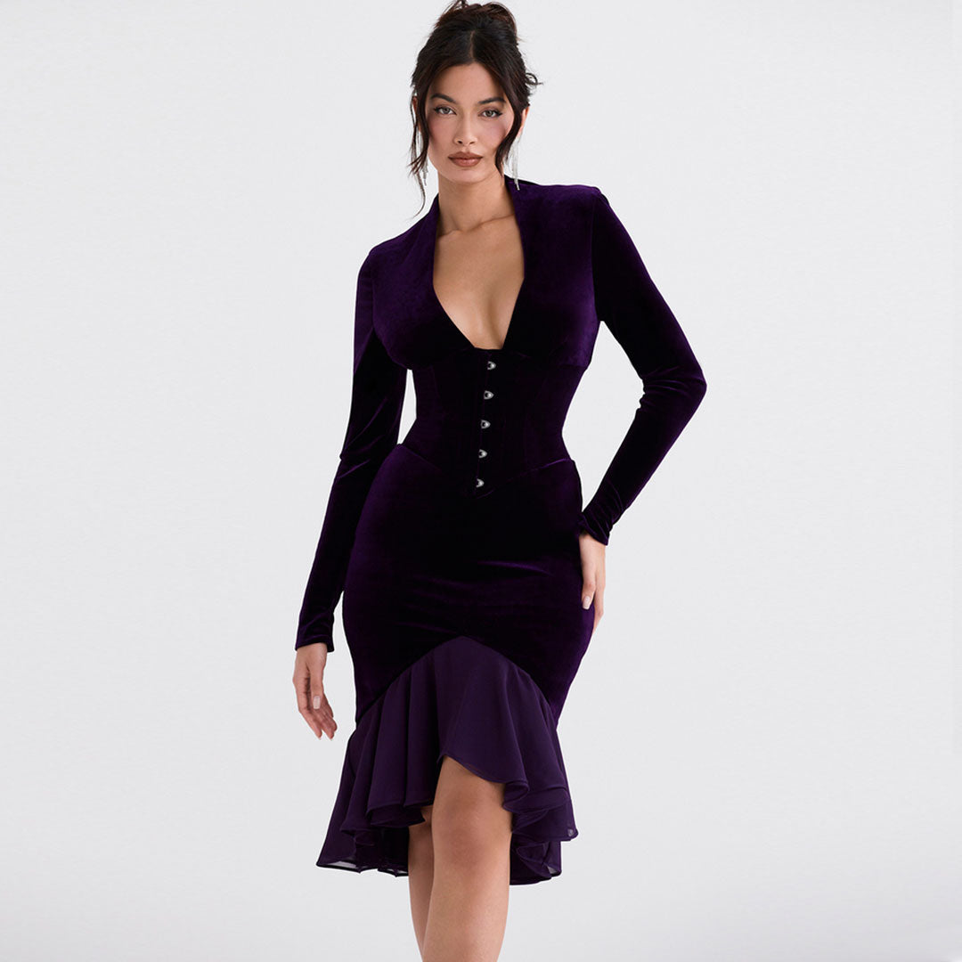 Purple Plunge V-Neck Velvet Button Front Long Sleeve Ruffle Hem Midi Dress