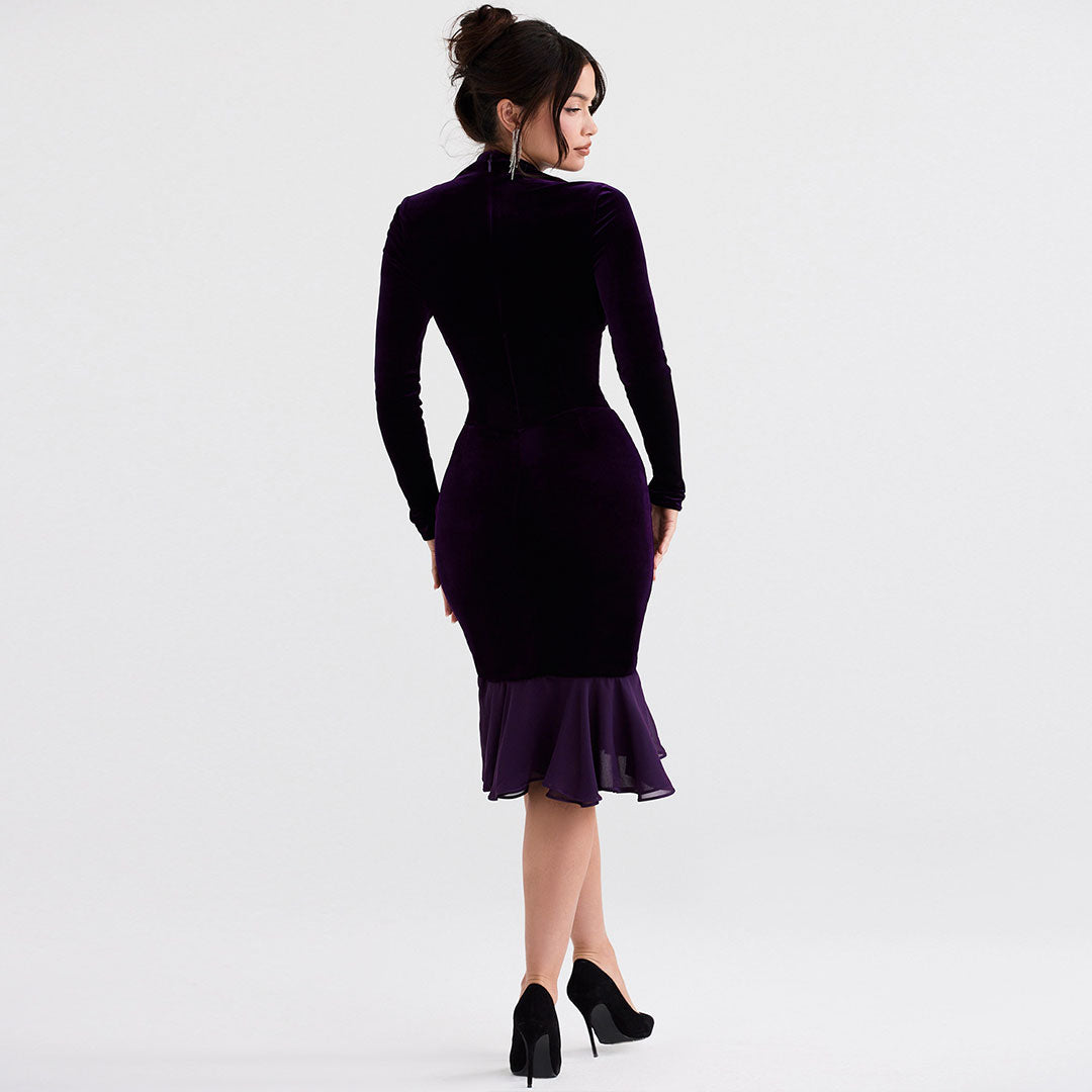 Purple Plunge V-Neck Velvet Button Front Long Sleeve Ruffle Hem Midi Dress