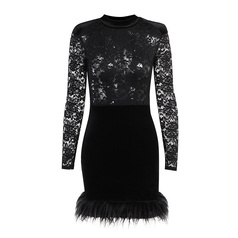 Black High Neck Long Sleeve Floral Lace Feather Trim Mini Dress
