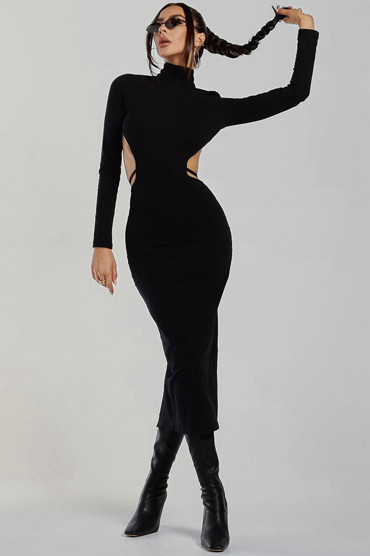 Black High Neck Long Sleeve Cutout Waist Bodycon Midi Dress