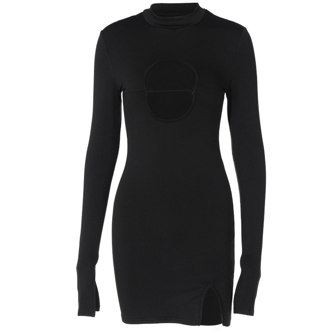 Black High Neck Long Sleeve Chest Cutout Side Slit Bodycon Mini Dress