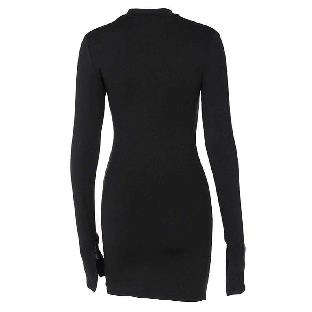 Black High Neck Long Sleeve Chest Cutout Side Slit Bodycon Mini Dress