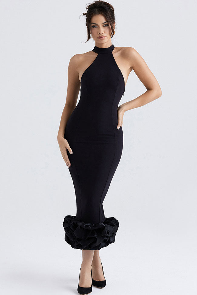 Black Halter High Neck Sleeveless Ruffle Hem Bodycon Midi Dress