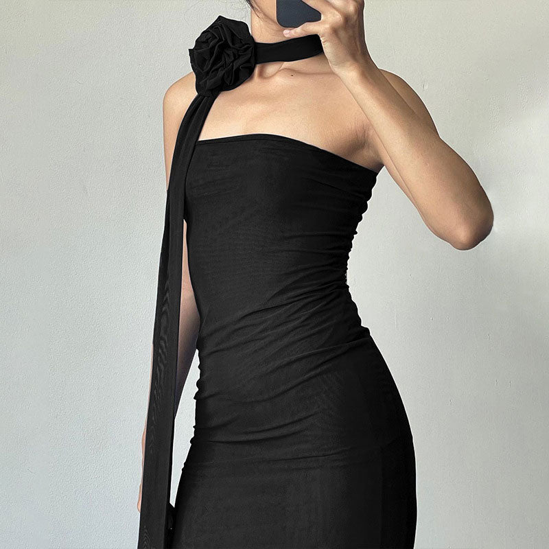 Black Strapless Floral Choker Ruched Mesh Bodycon Midi Dress 2