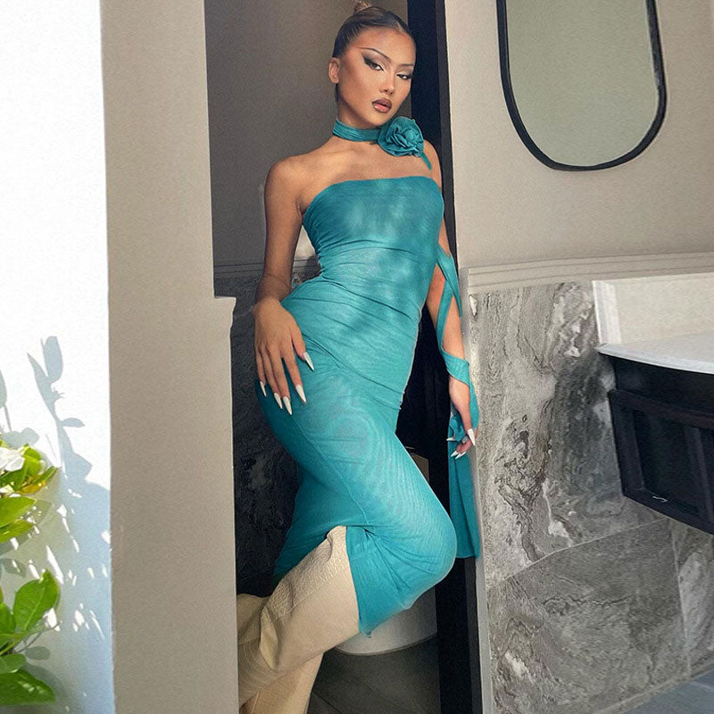 Turquoise Strapless Floral Choker Ruched Mesh Bodycon Midi Dress