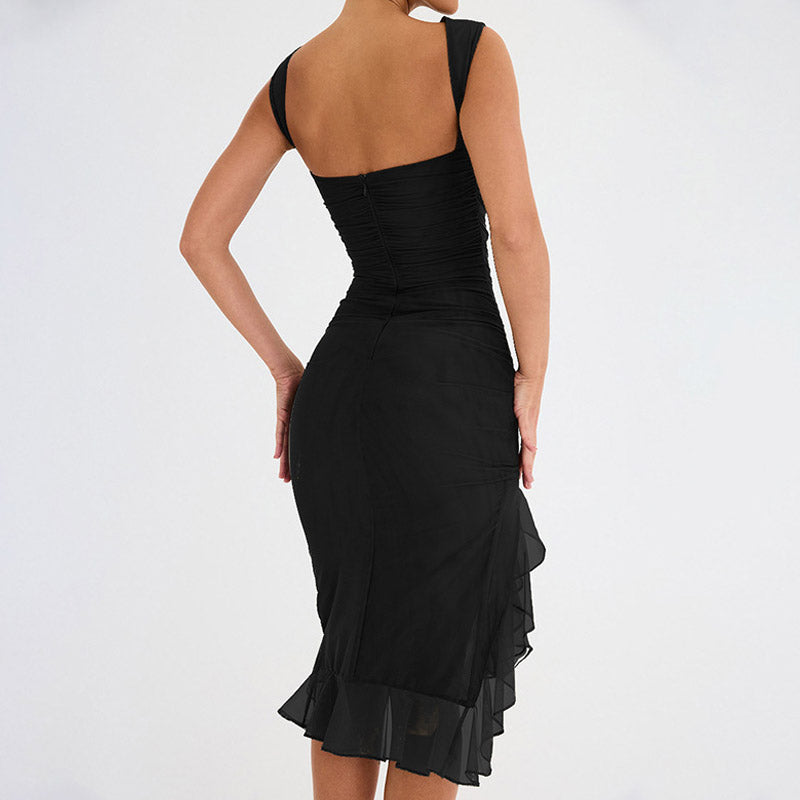 Black Crew Neck Sleeveless Ruched Mesh Ruffle Hem Bodycon Midi Dress 2