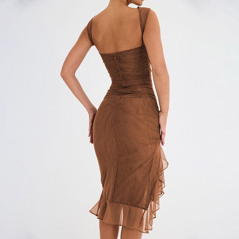 Brown Crew Neck Sleeveless Ruched Mesh Ruffle Hem Bodycon Midi Dress 3