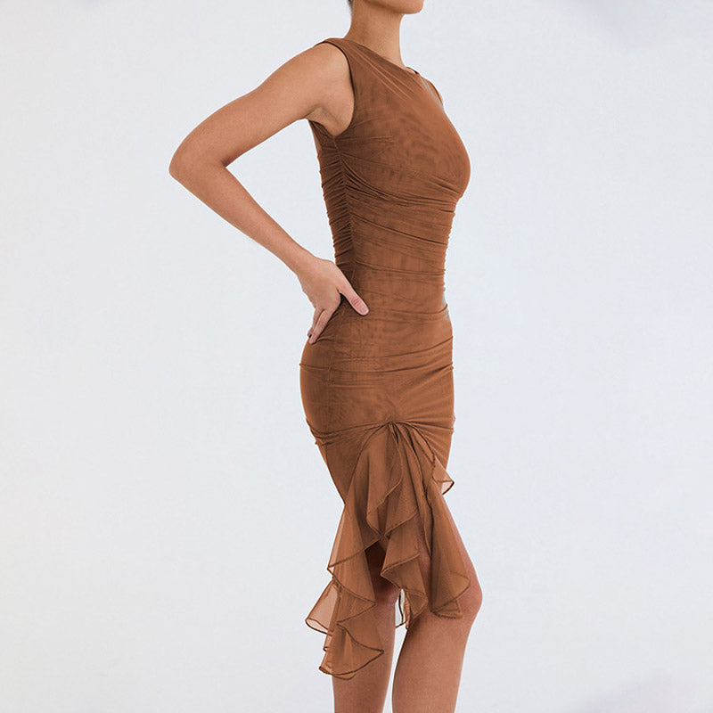 Brown Crew Neck Sleeveless Ruched Mesh Ruffle Hem Bodycon Midi Dress 2
