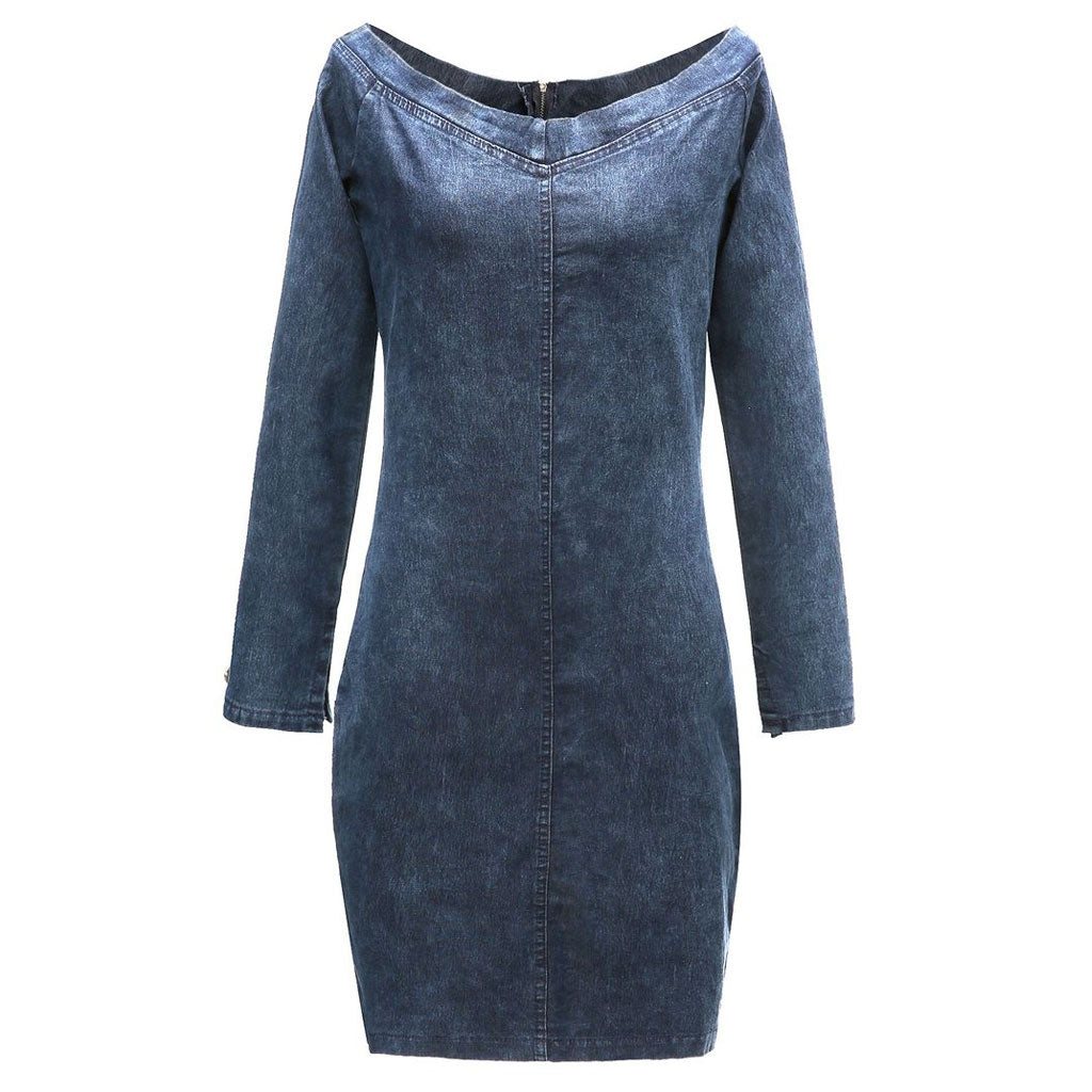 Blue Off-Shoulder Long Sleeve Denim Bodycon Mini Dress