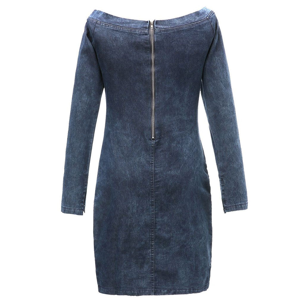Blue Off-Shoulder Long Sleeve Denim Bodycon Mini Dress