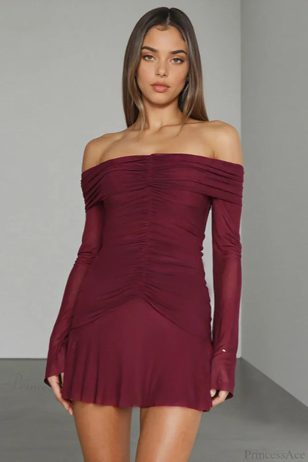 Sexy Off Shoulder Ruched Ruffle Long Sleeve Mini Dress Red / S