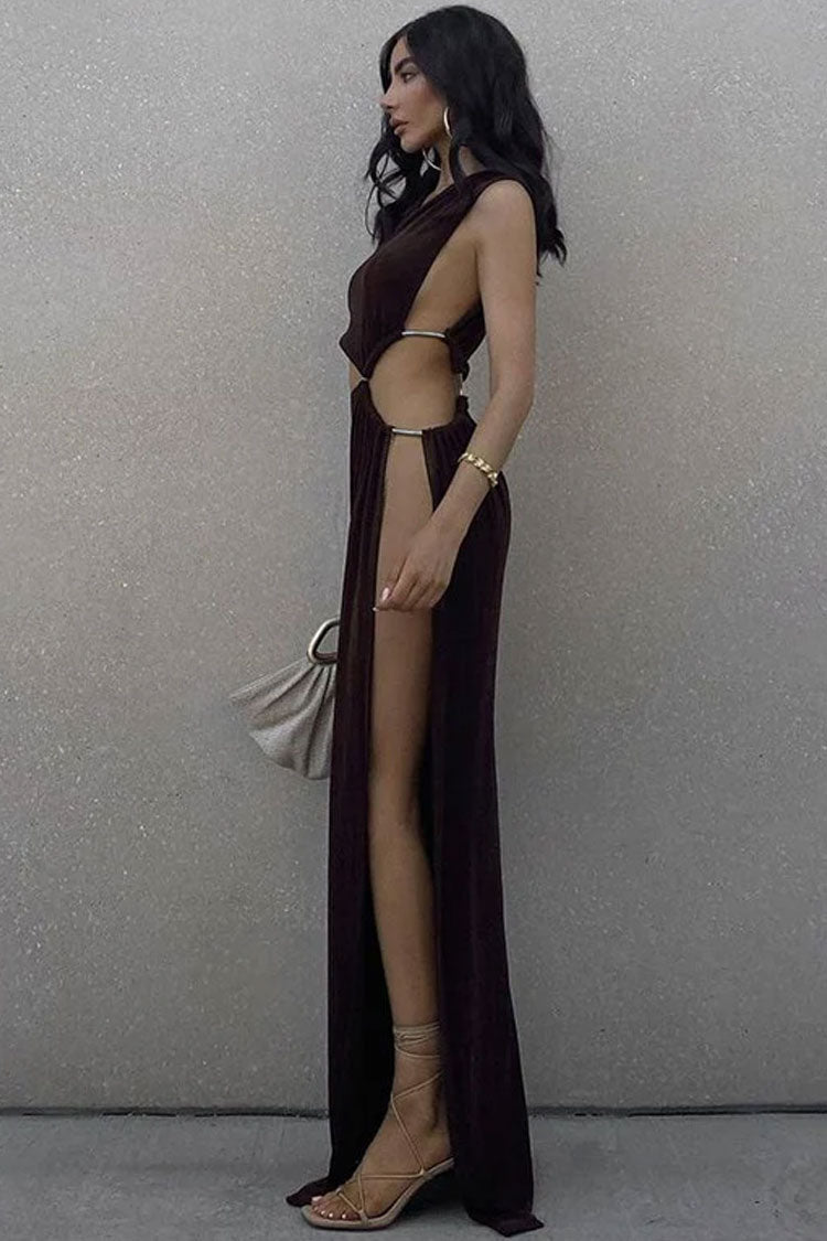 Brown One Shoulder Cutout Ruched High Slit Bodycon Maxi Dress