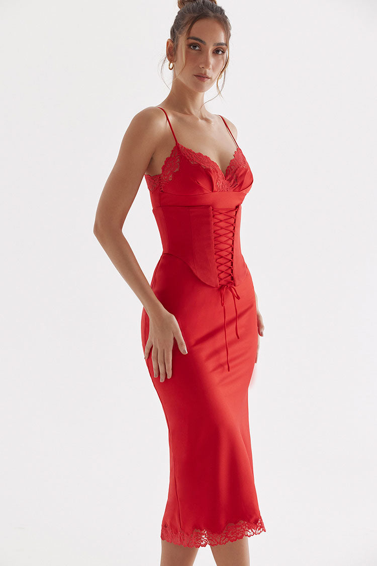 Red Spaghetti Strap V-Neck Lace Up Corset Satin Slip Midi Dress 3
