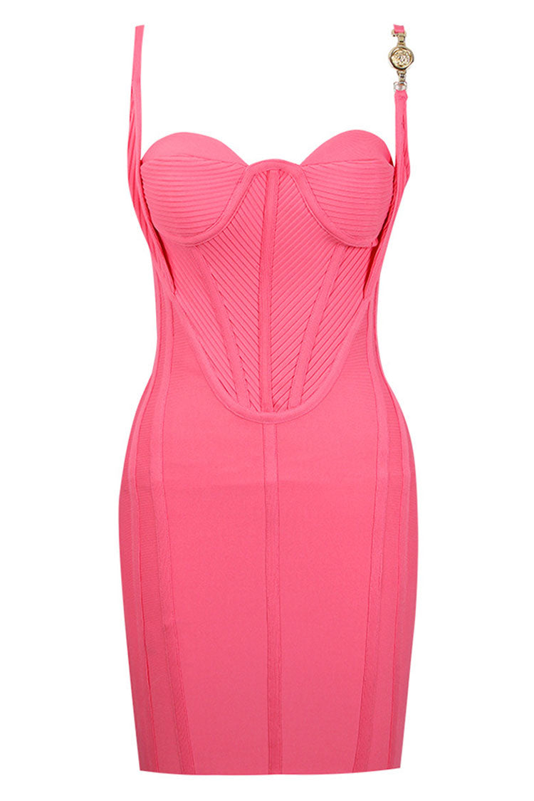 Pink Sweetheart Neck Strap Boned Bustier Ruched Bodycon Mini Dress 2